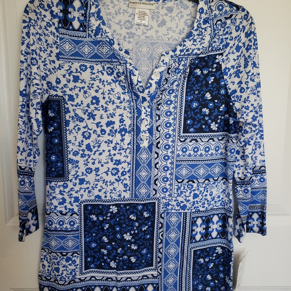 Rebecca Malone 3/4 sleeve henley blue patchwork top